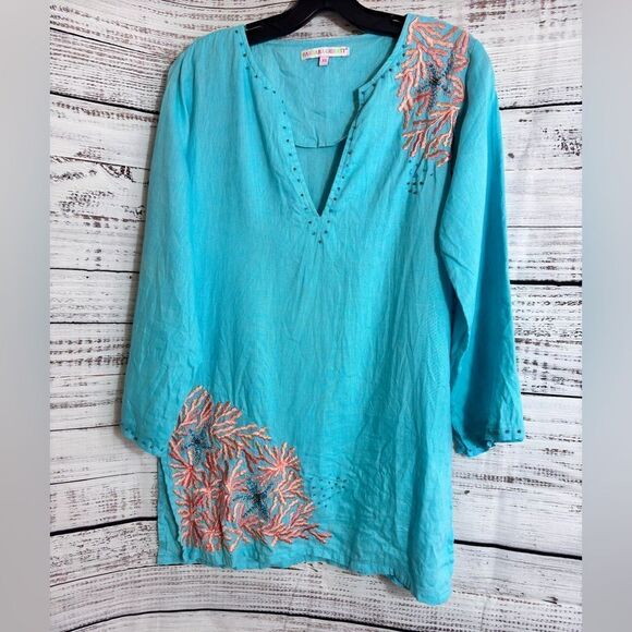 Barbara Gerwit Top Womens Size XS Linen Embroidered Boho Beaded Tunic Oversized - Picture 1 of 13